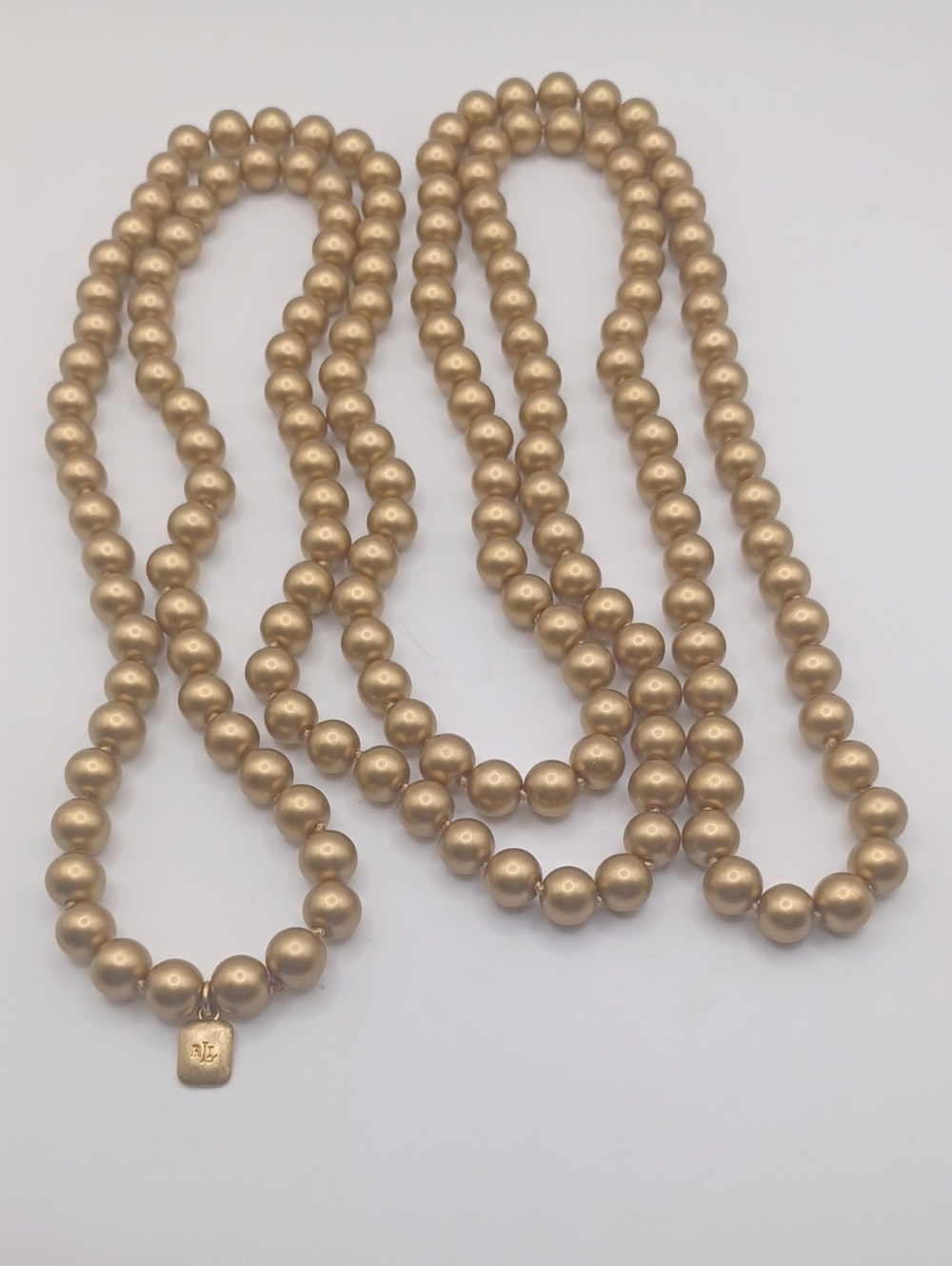 Ralph Lauren Opera Length Matte Gold Tone Faux Pearl Necklace